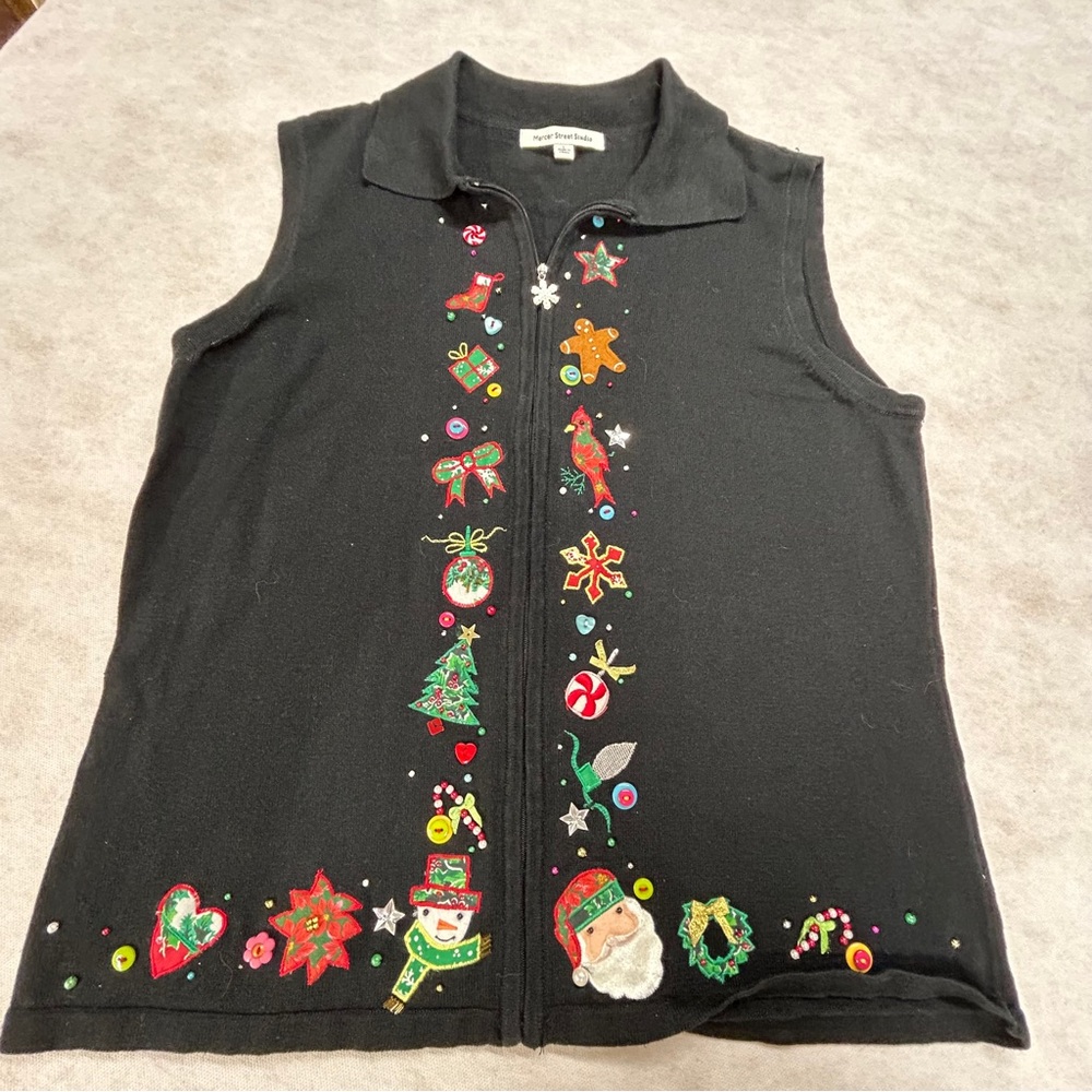 Mercer Street Studio Black‎ Festive Embroidered Vest Full Zip Women’s Large